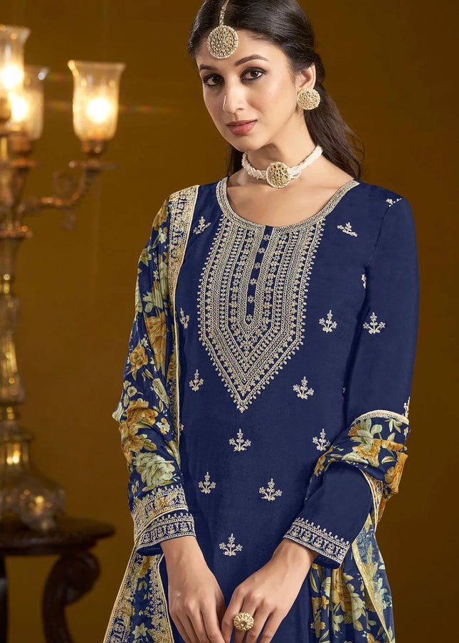 Navy Blue Embroidered Gharara Suit