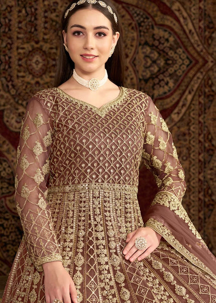 Brown Embroidered Anarkali