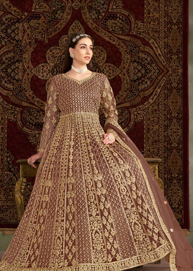 Brown Embroidered Anarkali