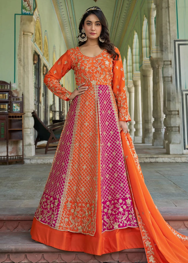 Orange and Pink Embroidered Lehenga Anarkali