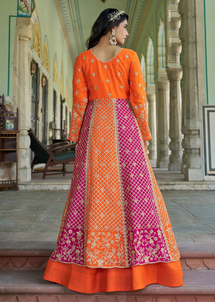 Orange and Pink Embroidered Lehenga Anarkali
