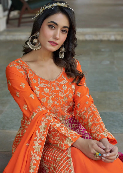 Orange and Pink Embroidered Lehenga Anarkali
