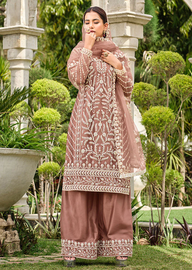 Mauve Pink Embroidered Palazzo Suit