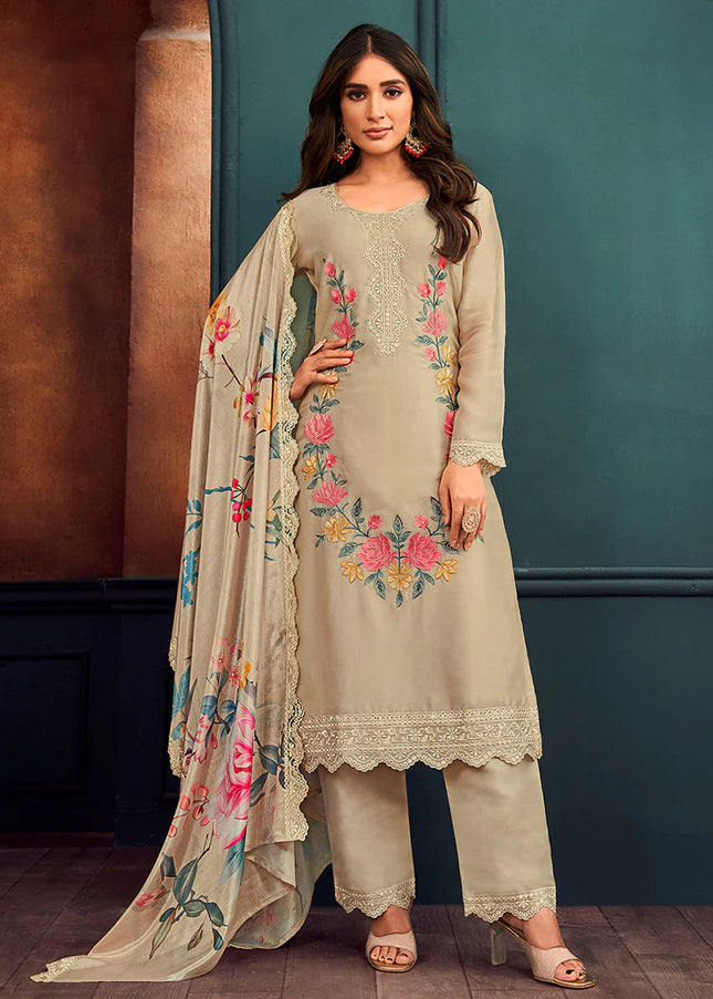 Beige Floral Printed and Embroidered Pant Style Suit