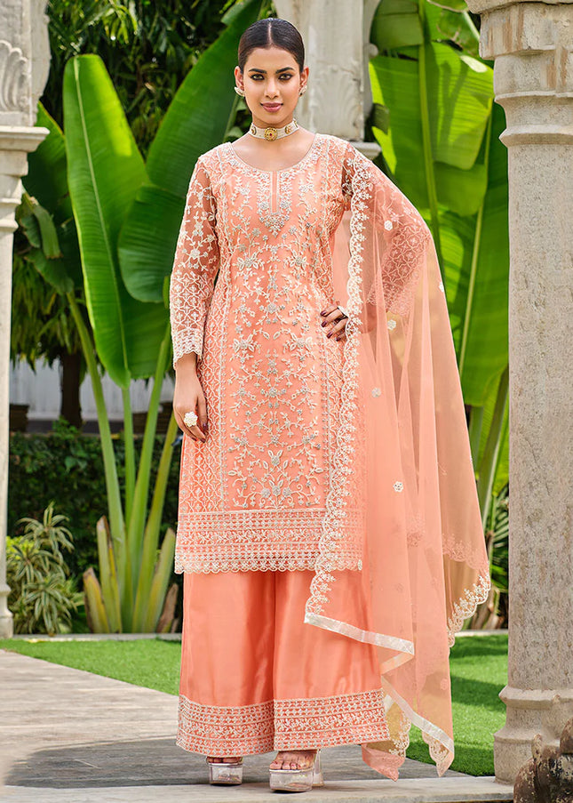 Soft Peach Embroidered Palazzo Suit