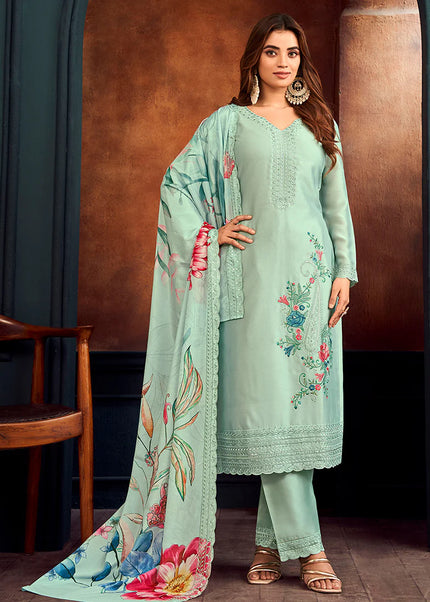 Sky Blue Floral Printed and Embroidered Pant Style Suit