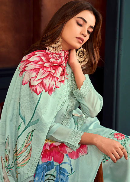 Sky Blue Floral Printed and Embroidered Pant Style Suit