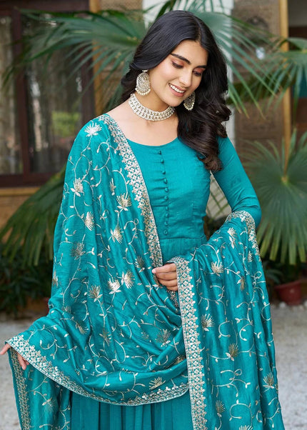 Turquoise Embroidered Anarkali Gown