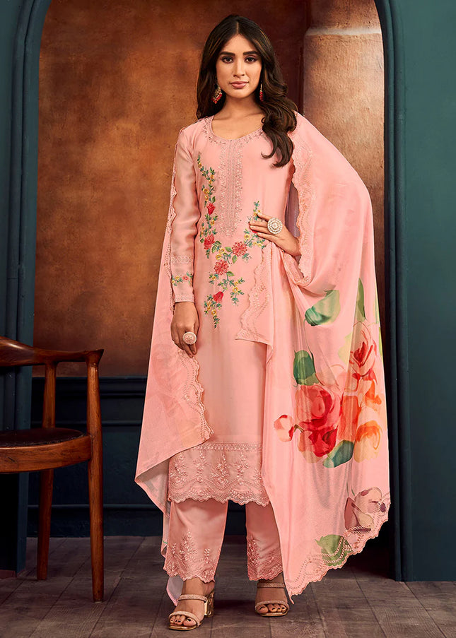 Peach Floral Printed and Embroidered Pant Style Suit