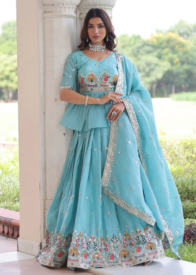 Sky Blue Embroidered Lehenga Suit