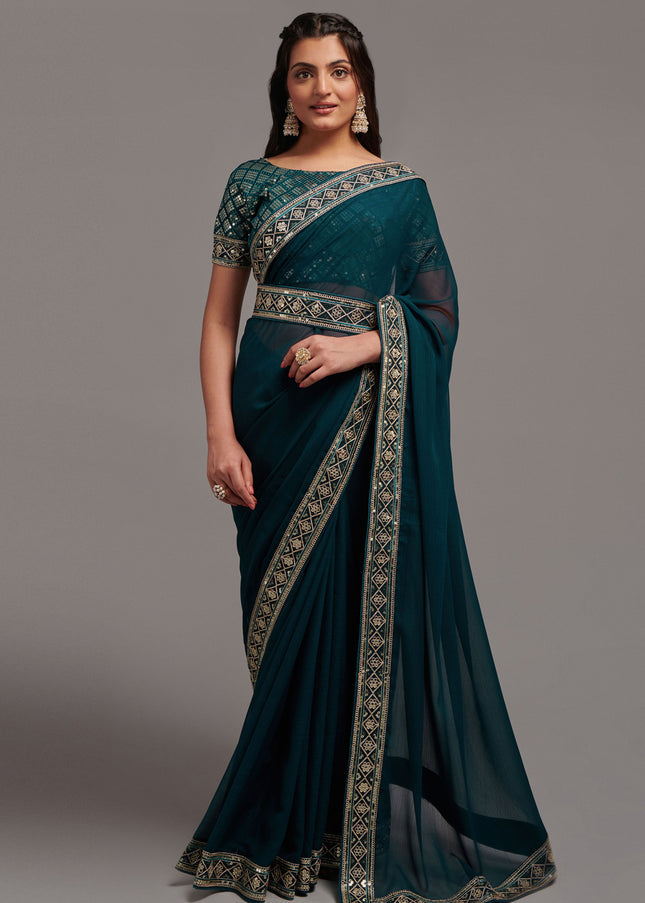 Teal Sequence Embroidered Saree