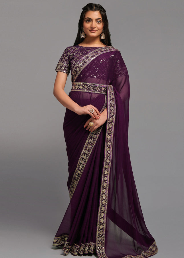 Purple Sequence Embroidered Saree