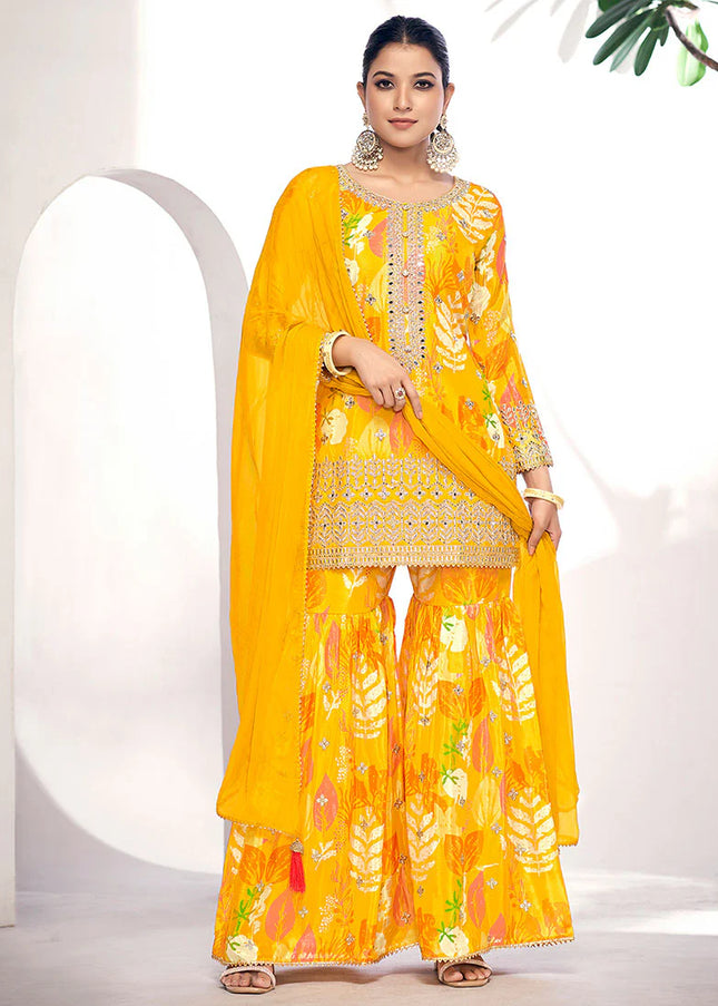 Yellow Digital Printed and Embroidered Gharara Suit