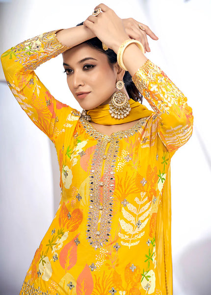 Yellow Digital Printed and Embroidered Gharara Suit