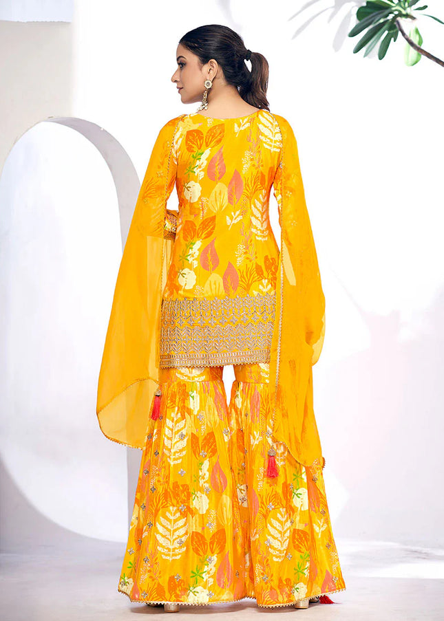 Yellow Digital Printed and Embroidered Gharara Suit