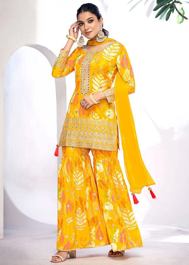 Yellow Digital Printed and Embroidered Gharara Suit