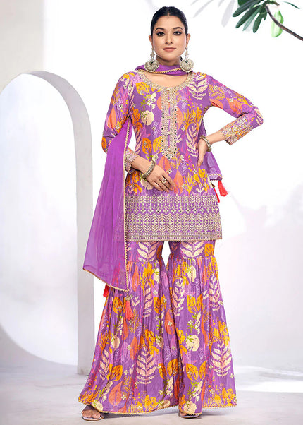 Purple Digital Printed and  Embroidered Gharara Suit