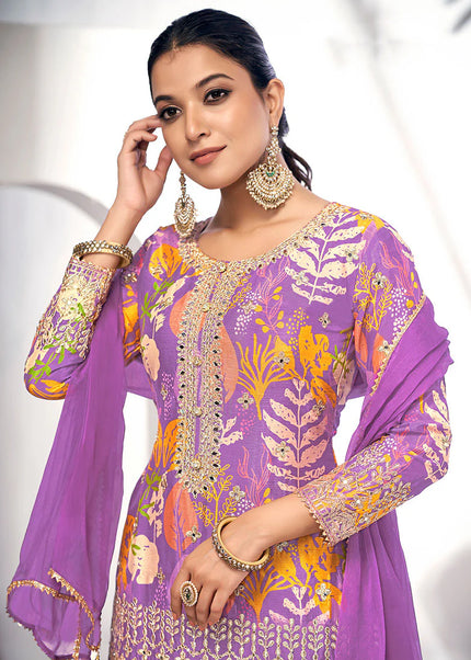 Purple Digital Printed and  Embroidered Gharara Suit