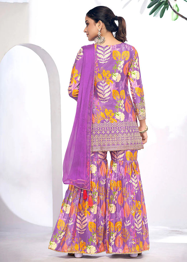 Purple Digital Printed and  Embroidered Gharara Suit