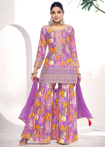 Purple Digital Printed and  Embroidered Gharara Suit