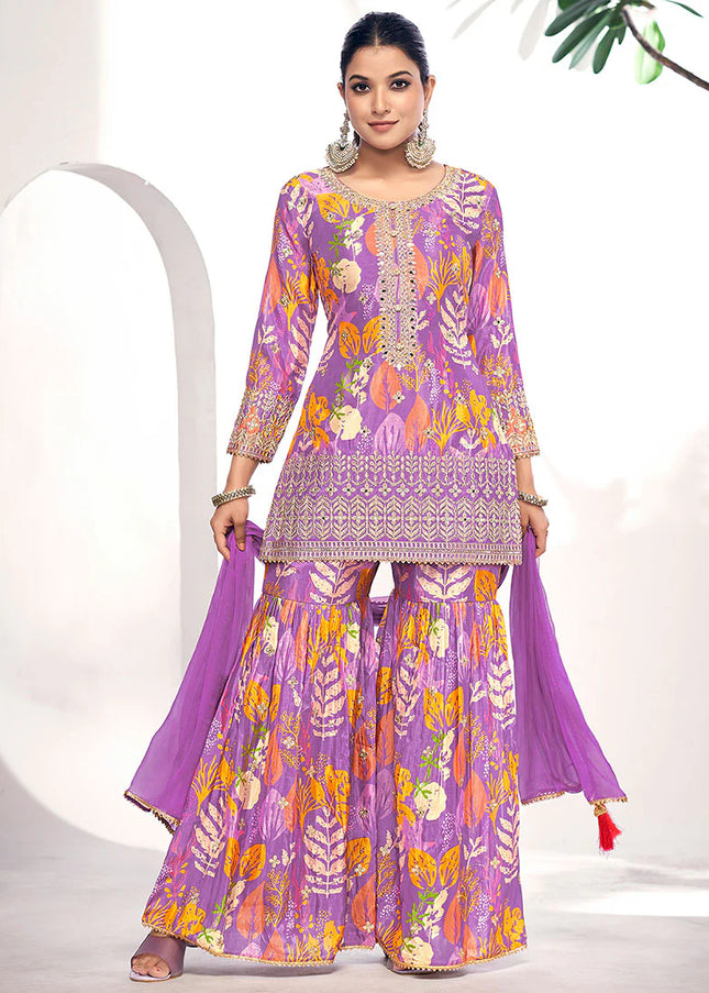 Purple Digital Printed and  Embroidered Gharara Suit