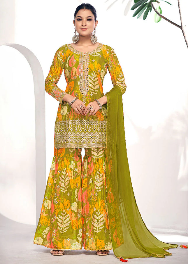 Green Digital Printed and Embroidered Gharara Suit