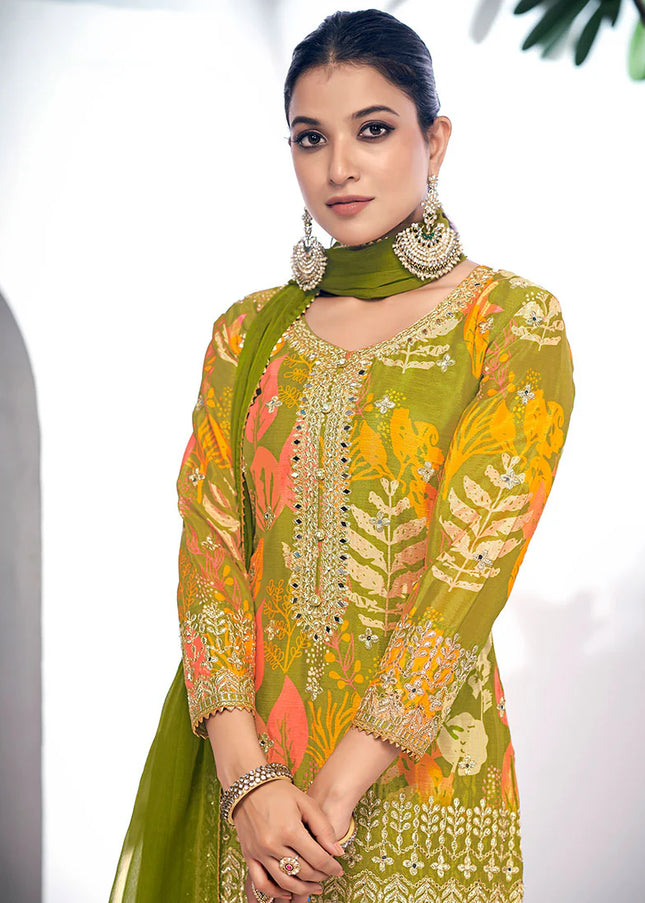 Green Digital Printed and Embroidered Gharara Suit