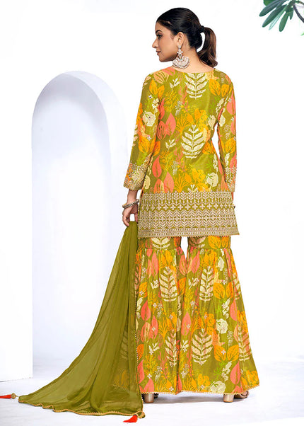 Green Digital Printed and Embroidered Gharara Suit