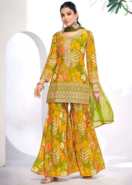 Green Digital Printed and Embroidered Gharara Suit