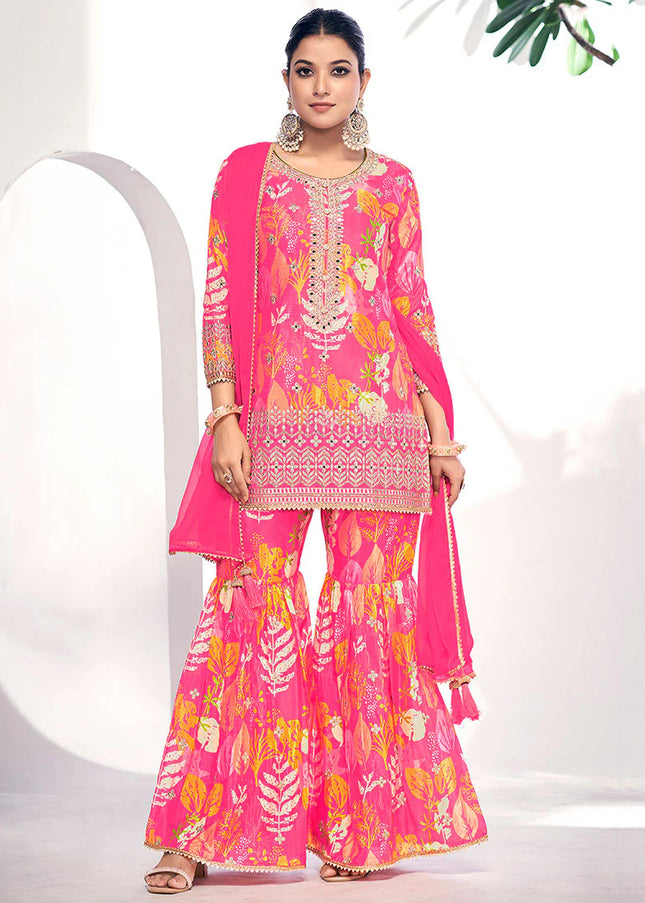 Pink Digital Printed and Embroidered Gharara Suit