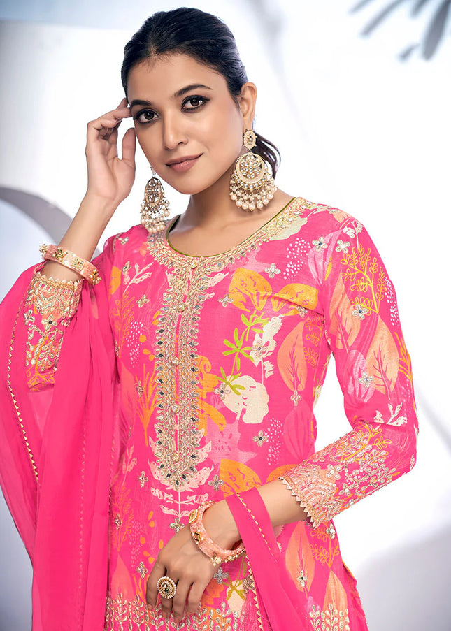 Pink Digital Printed and Embroidered Gharara Suit