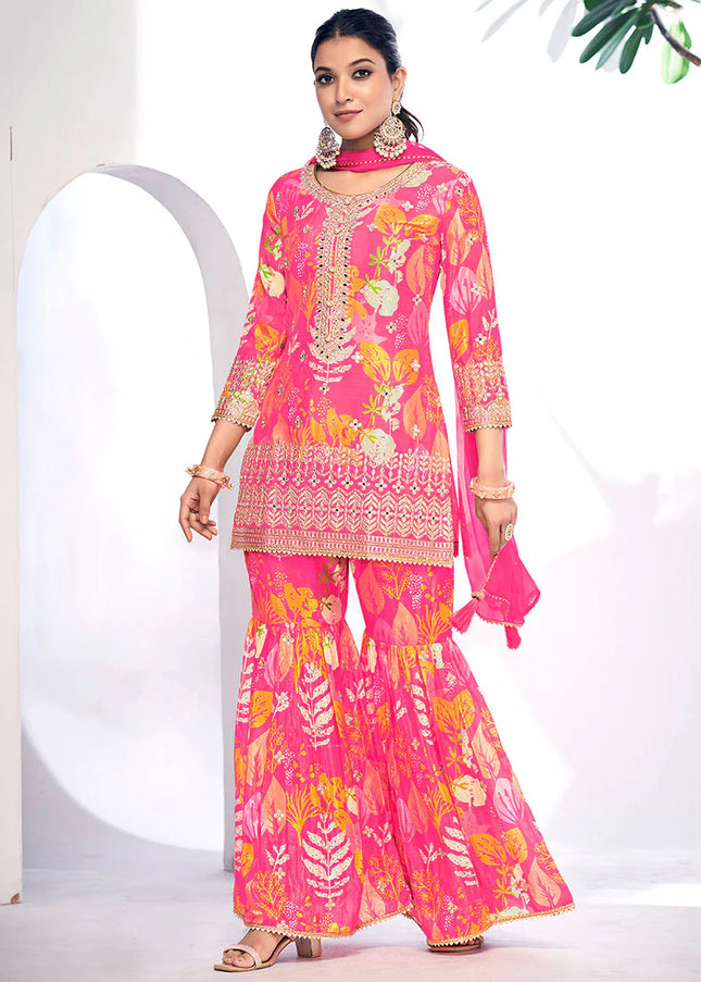 Pink Digital Printed and Embroidered Gharara Suit