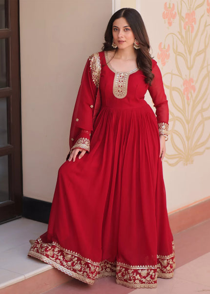 Red Embroidered Anarkali Gown