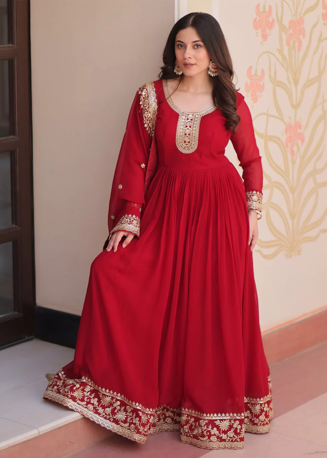 Red Embroidered Anarkali Gown