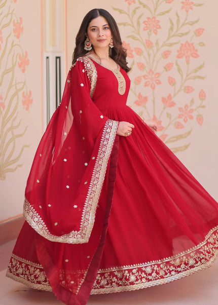 Red Embroidered Anarkali Gown