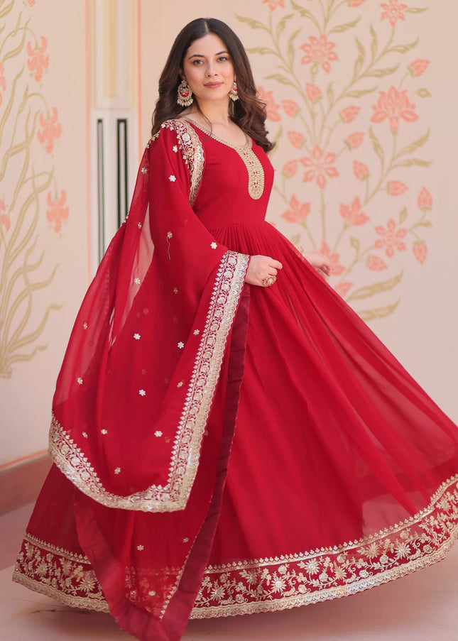 Red Embroidered Anarkali Gown