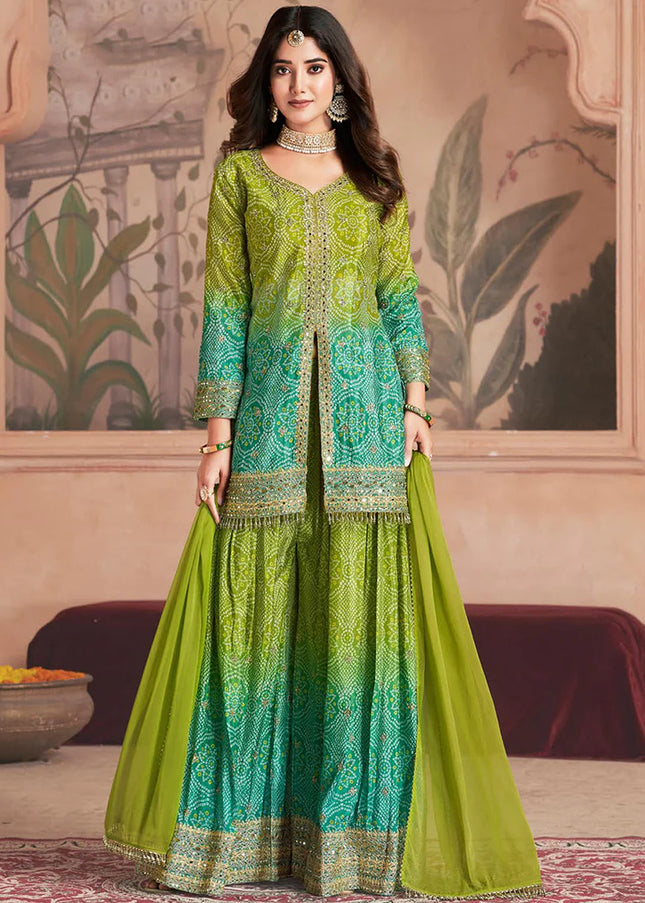 Green Embroidered Palazzo Suit