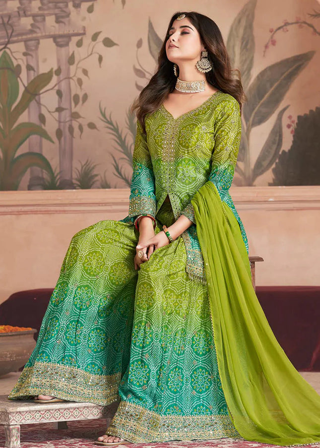 Green Embroidered Palazzo Suit