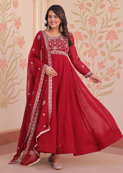 Red Embroidered Anarkali Gown
