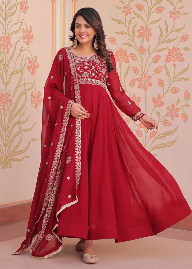 Red Embroidered Anarkali Gown