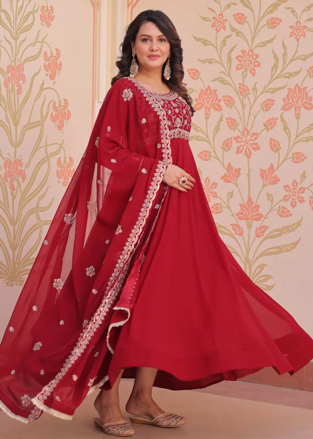 Red Embroidered Anarkali Gown