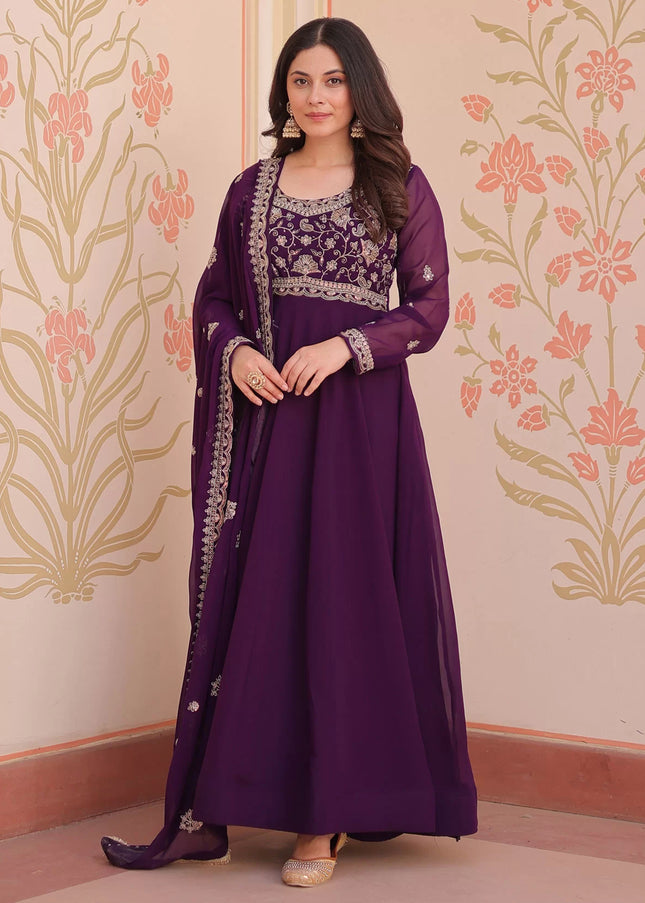 Purple Embroidered Anarkali Gown
