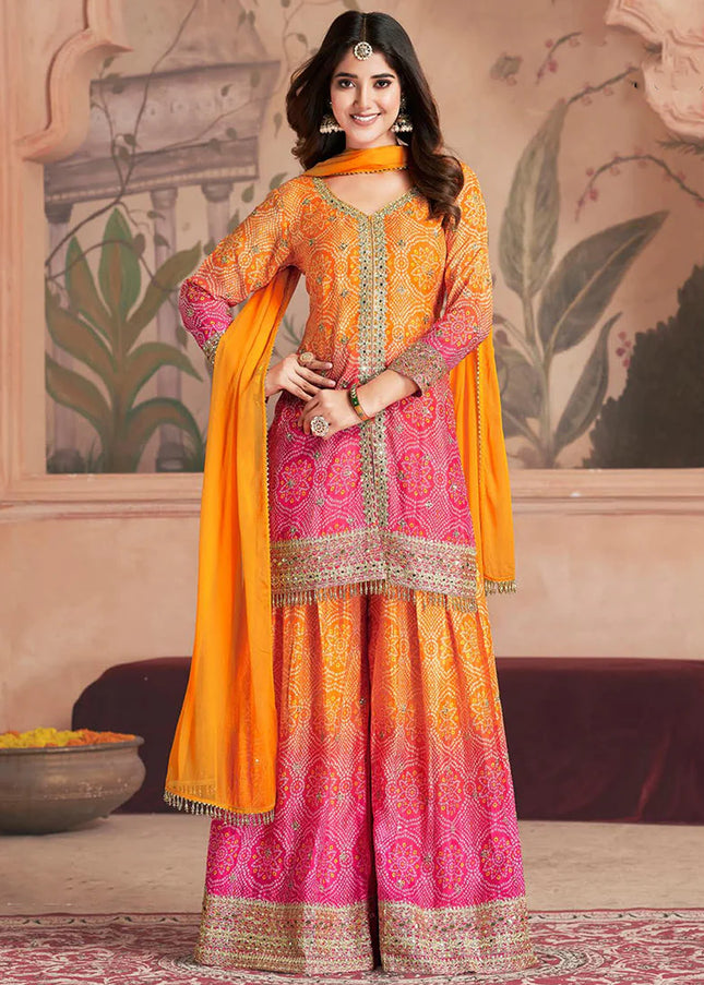 Orange Embroidered Palazzo Suit