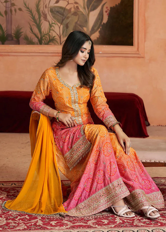 Orange Embroidered Palazzo Suit