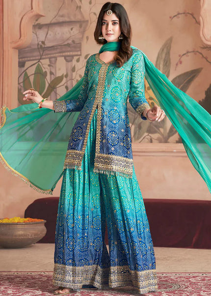 Blue Embroidered Palazzo Suit