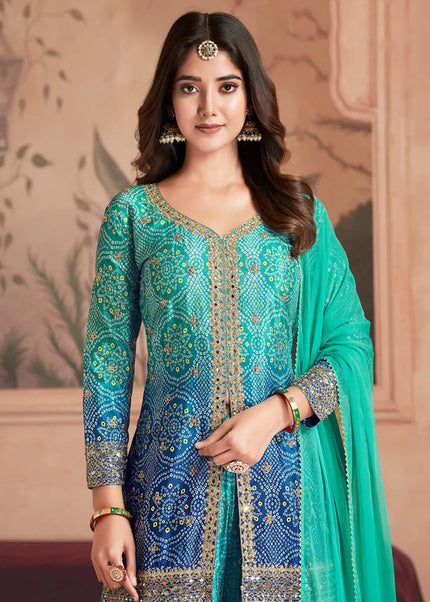 Blue Embroidered Palazzo Suit