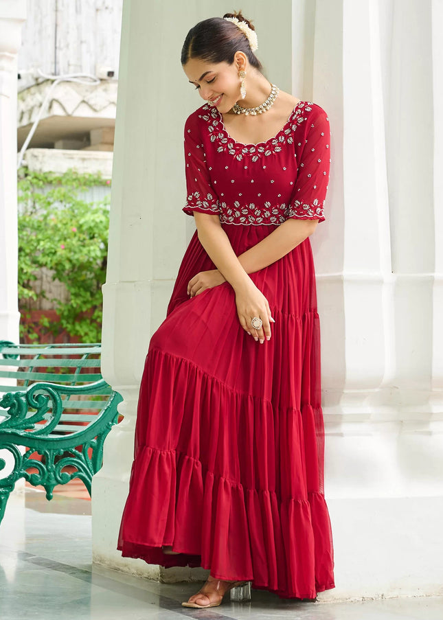 Red Embroidered Anarkali Gown
