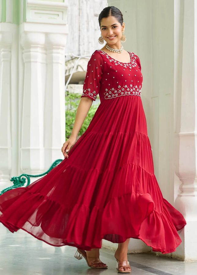 Red Embroidered Anarkali Gown