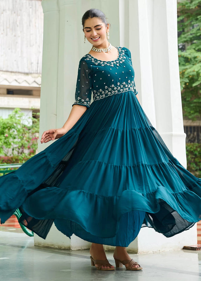 Teal Embroidered Anarkali Gown