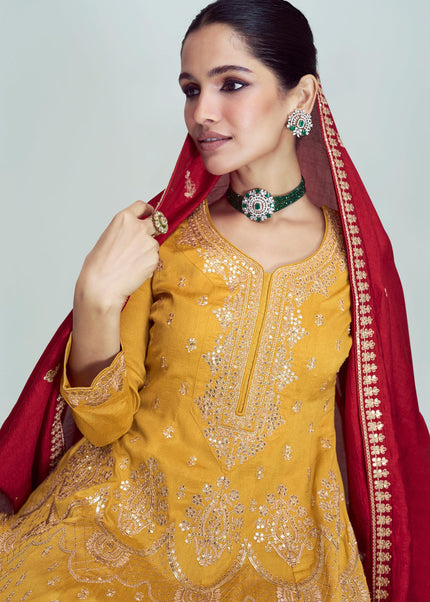 Yellow and Green Embroidered Salwar Style Pant Suit